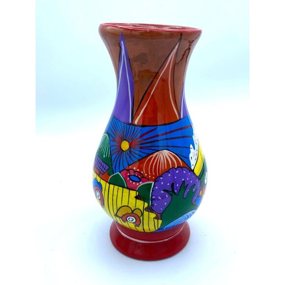 Tonala Mexican Pottery Hand Painted Vase Town Scenes - Picture 2 of 5